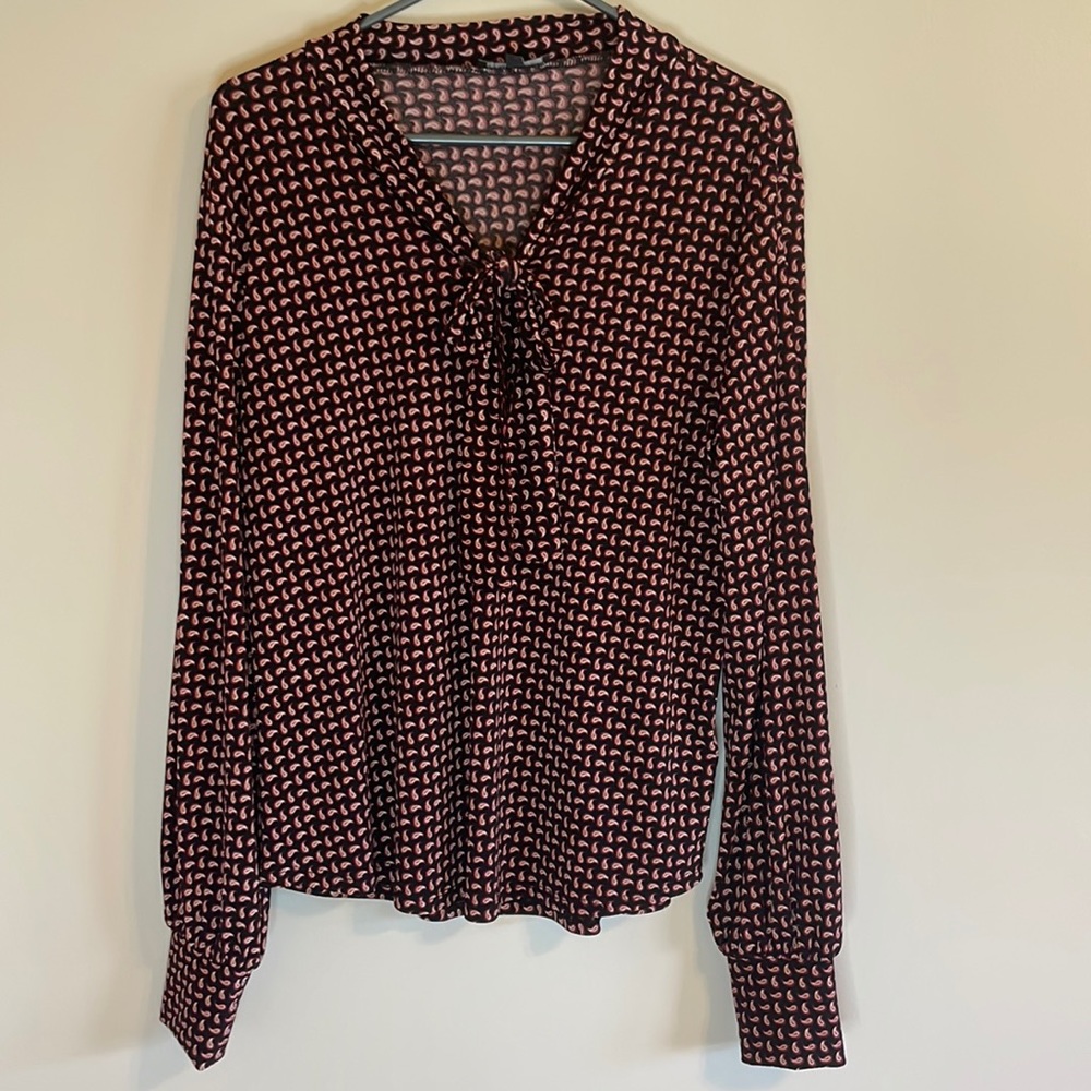 Adrianna Papell Large Long Sleeve Blouse Paisley Black/Maroon/White